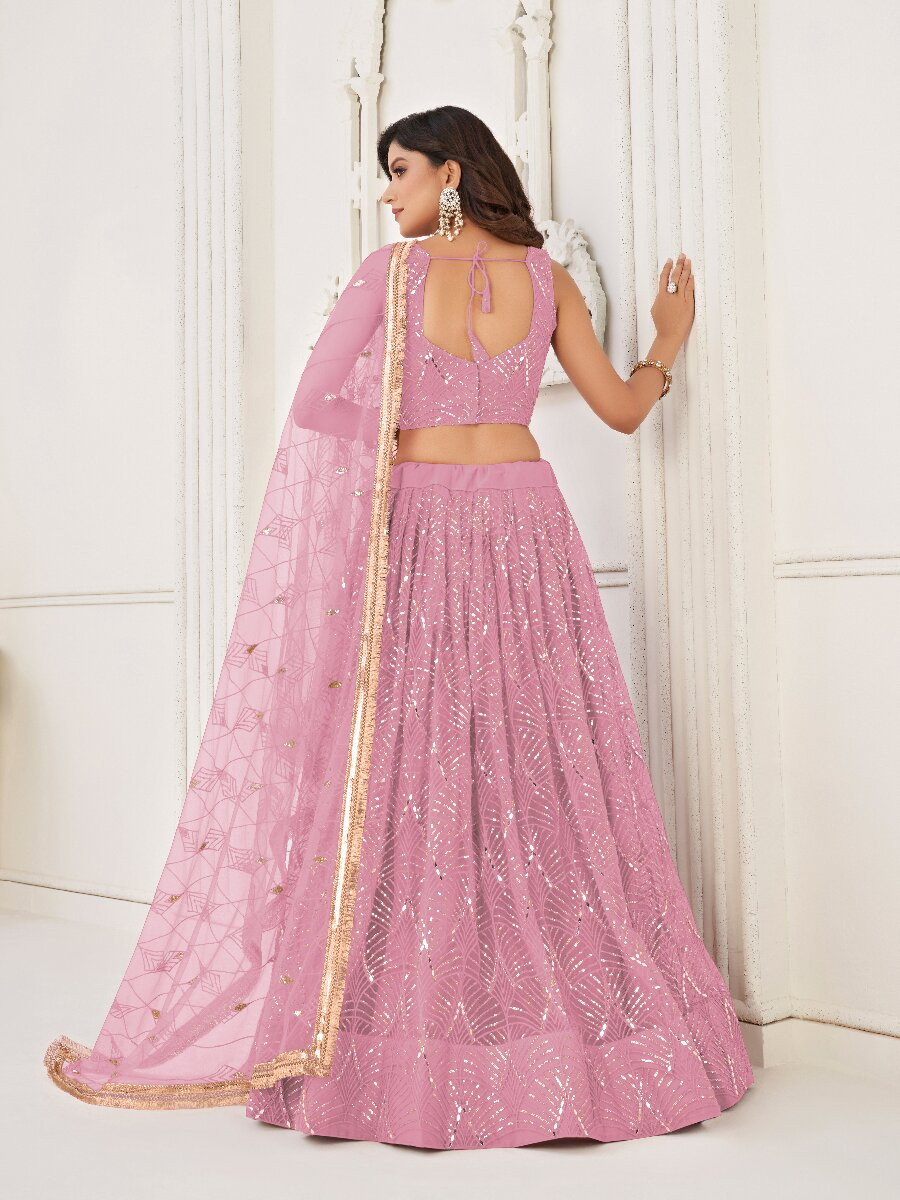 Dusty Pink Butterfly Net Embroidery Sequins Wedding Festival Party Wear Traditional Lehenga Choli