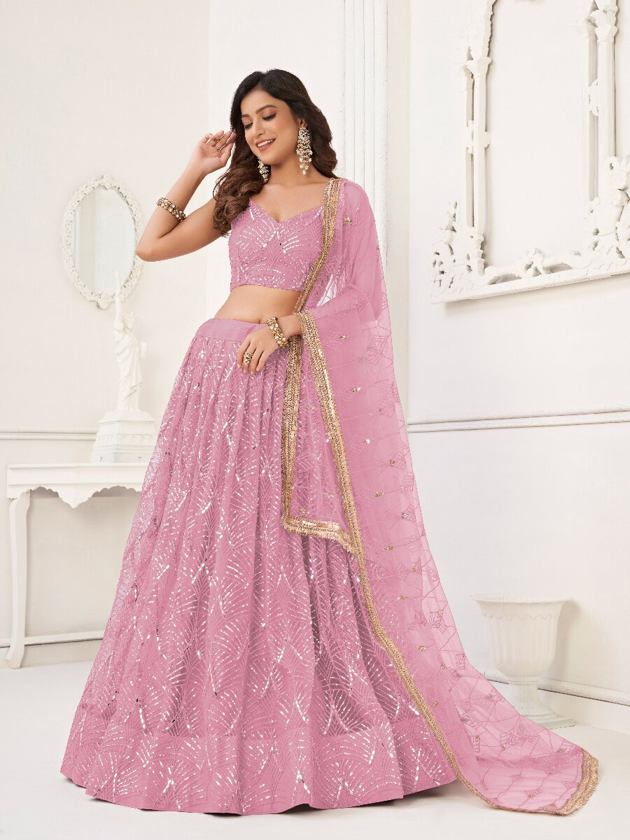 Dusty Pink Butterfly Net Embroidery Sequins Wedding Festival Party Wear Traditional Lehenga Choli