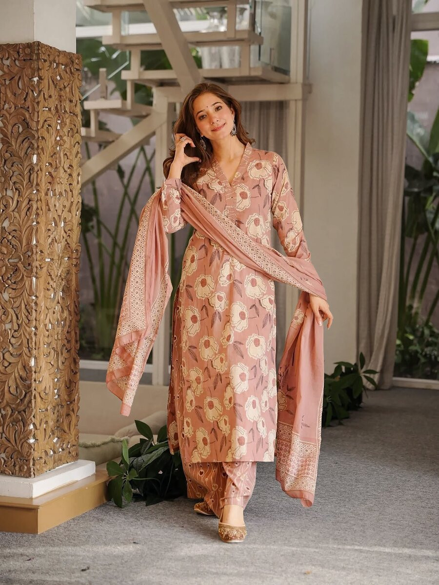 Dusty Pink Cambric cottan Printed Wedding Party Festival Casual Ready Palazzo Pant Salwar Kameez