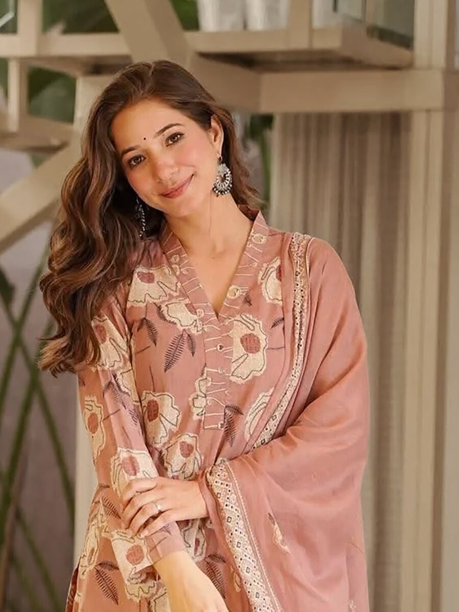 Dusty Pink Cambric cottan Printed Wedding Party Festival Casual Ready Palazzo Pant Salwar Kameez
