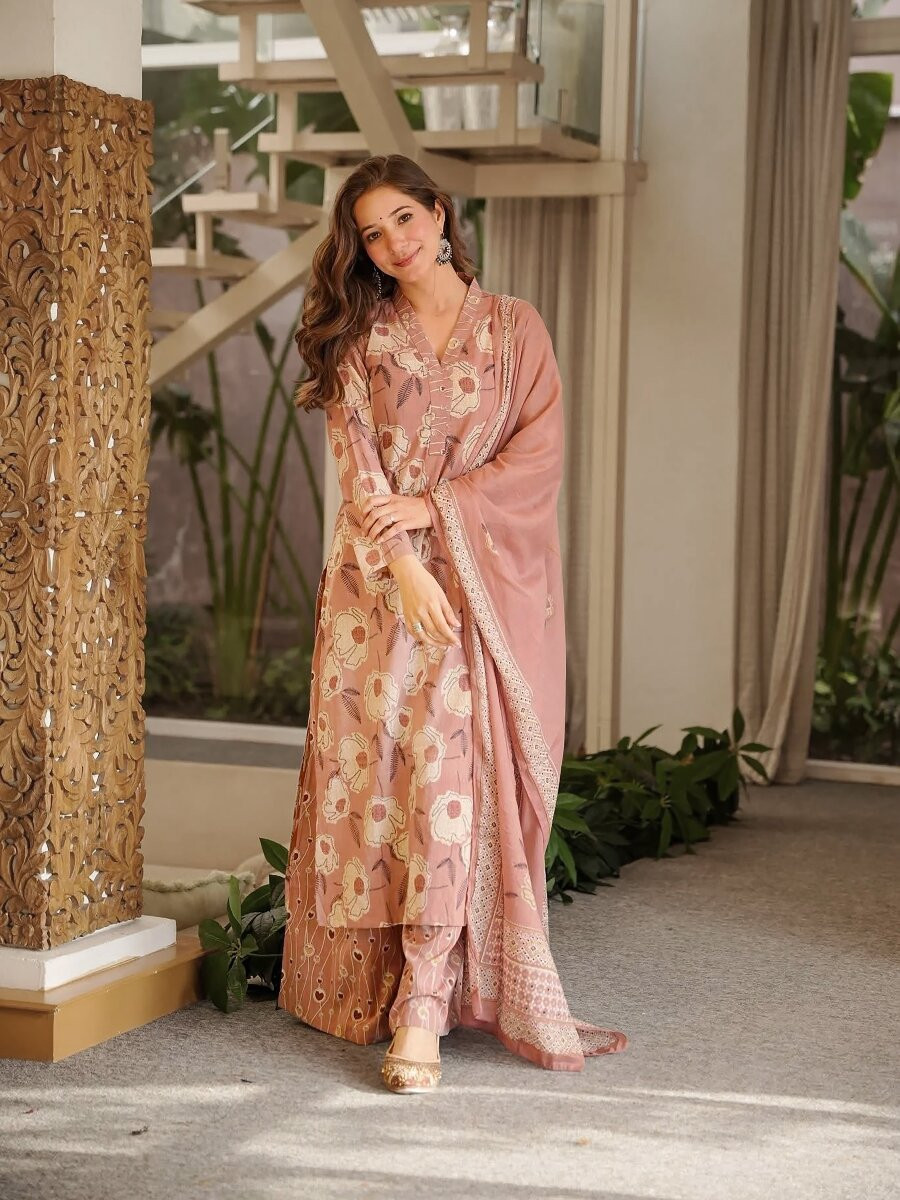 Dusty Pink Cambric cottan Printed Wedding Party Festival Casual Ready Palazzo Pant Salwar Kameez