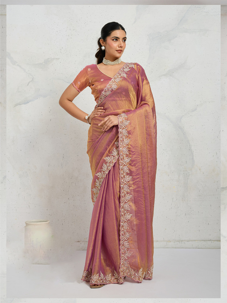 Image of Dusty Pink Chiffon Velvet Zari Sequins Embroidery Reception Festival Wedding Party Fancy Heavy Border Sarees
