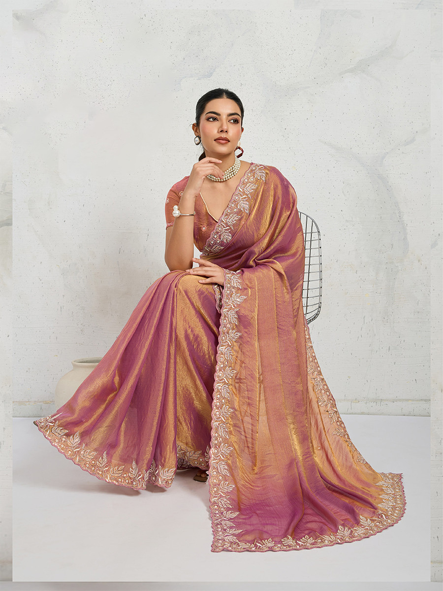 Dusty Pink Chiffon Velvet Zari Sequins Embroidery Reception Festival Wedding Party Fancy Heavy Border Sarees