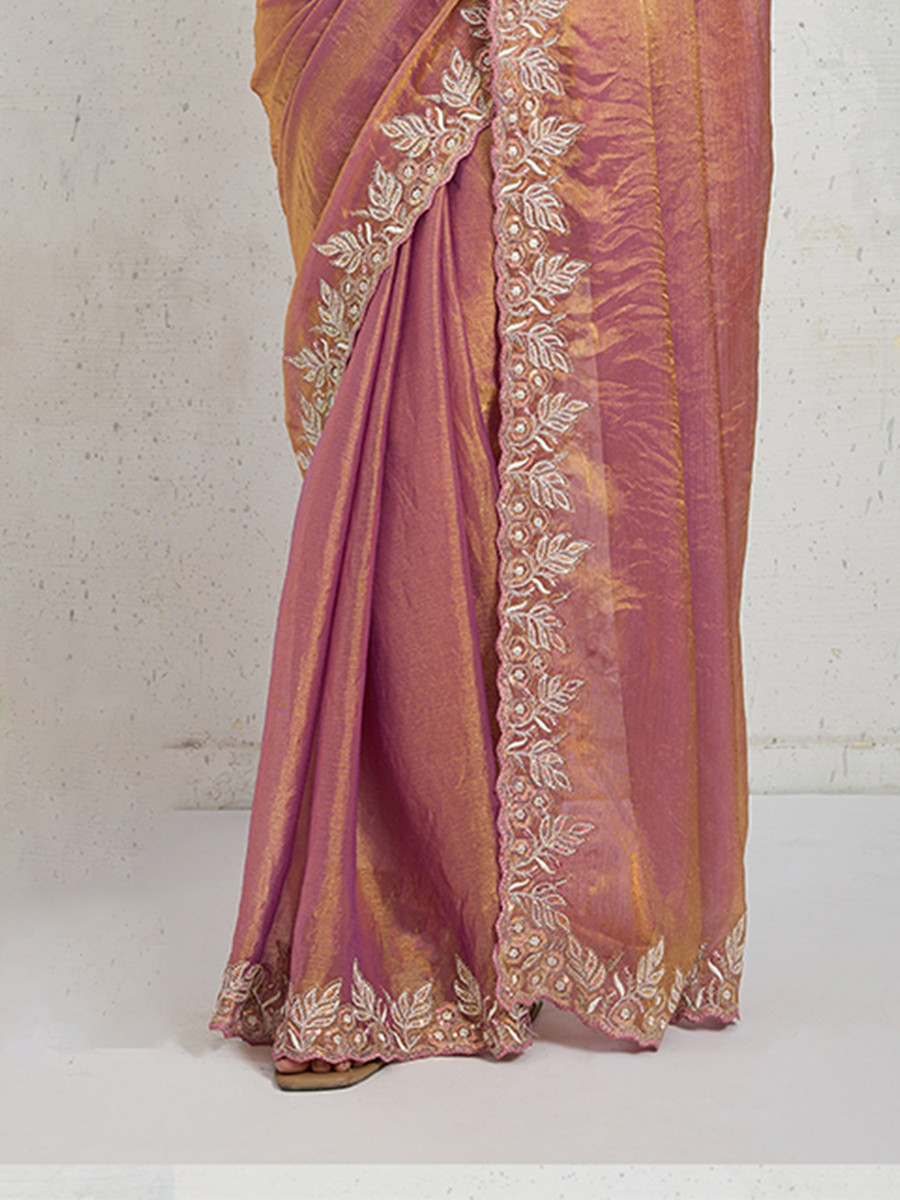Dusty Pink Chiffon Velvet Zari Sequins Embroidery Reception Festival Wedding Party Fancy Heavy Border Sarees