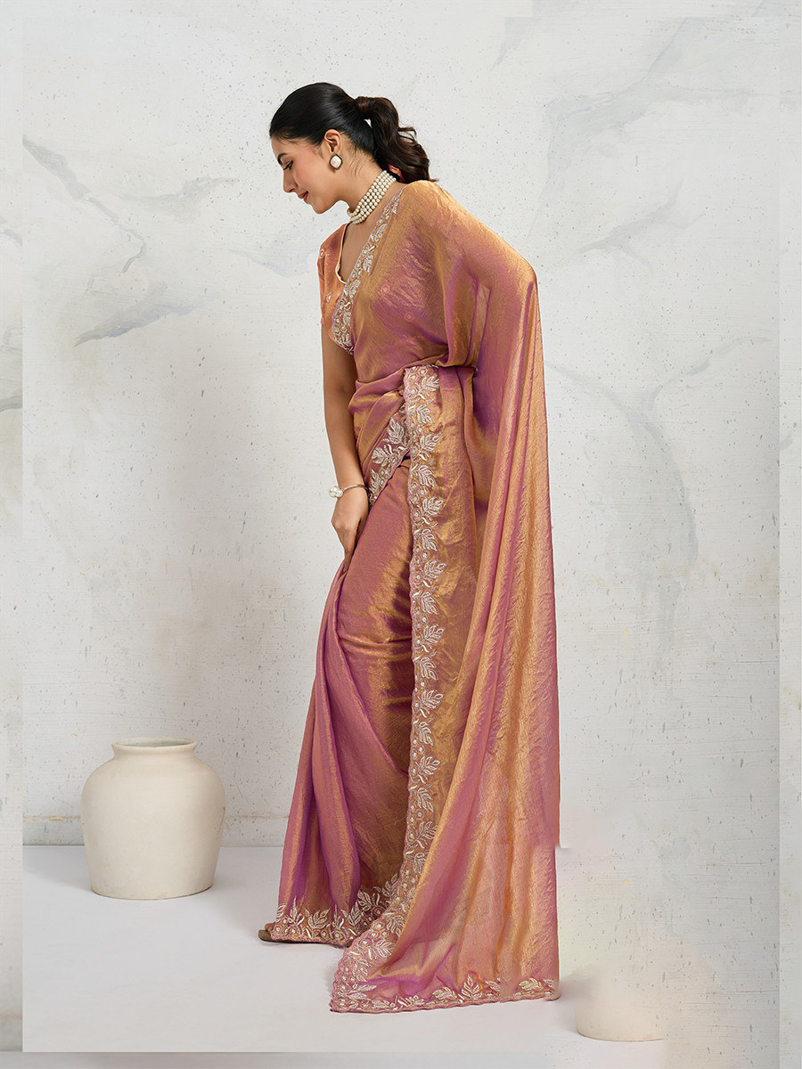 Dusty Pink Chiffon Velvet Zari Sequins Embroidery Reception Festival Wedding Party Fancy Heavy Border Sarees