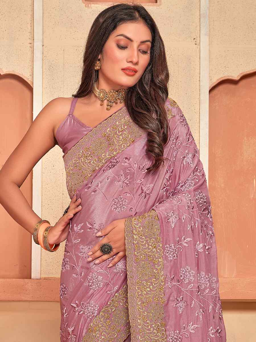 Dusty Pink Crepe Silk Embroidered Wedding Party Heavy Border Saree