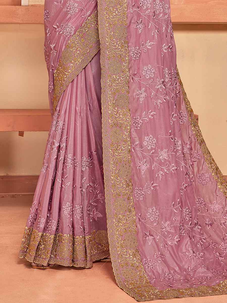 Dusty Pink Crepe Silk Embroidered Wedding Party Heavy Border Saree
