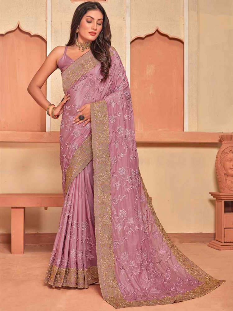 Dusty Pink Crepe Silk Embroidered Wedding Party Heavy Border Saree