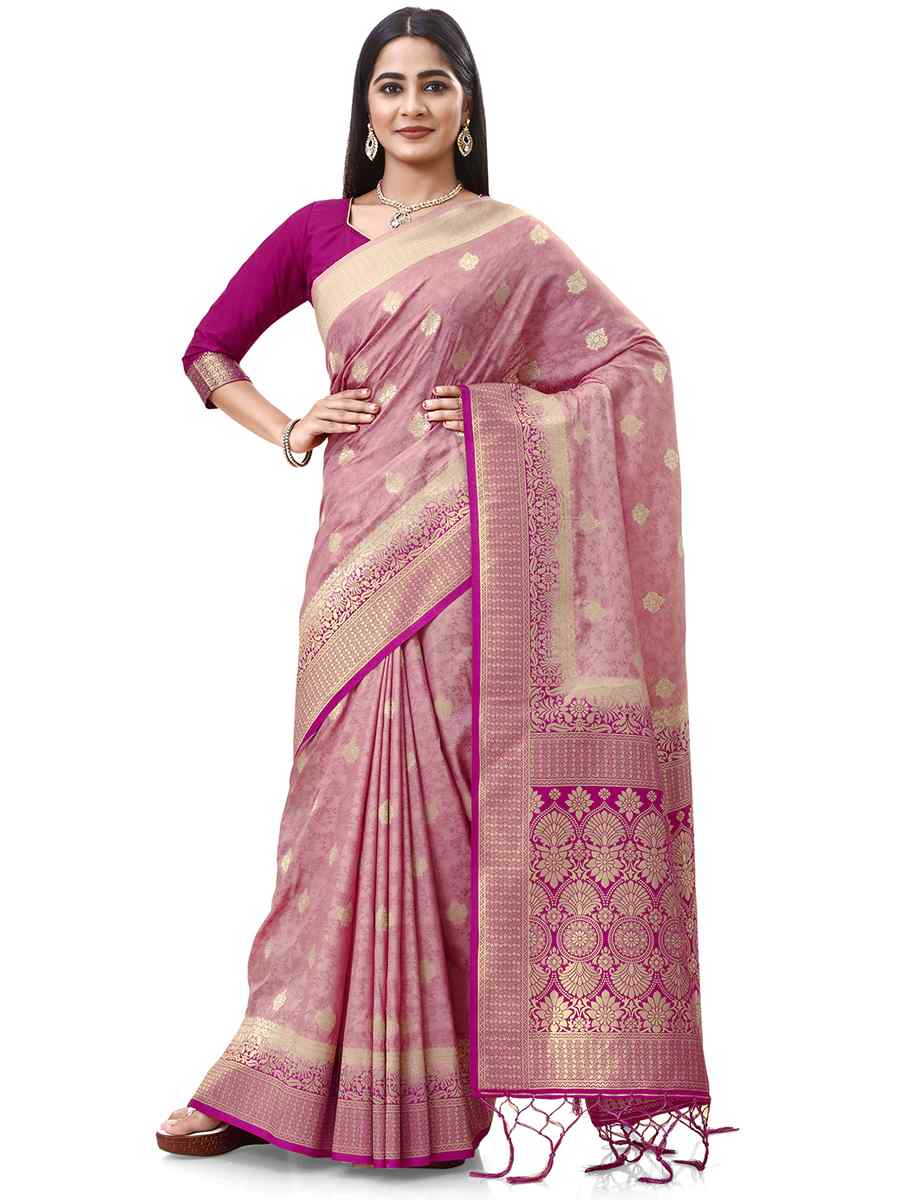 Dusty Pink Dola Silk Handwoven Wedding Festival Heavy Border Saree