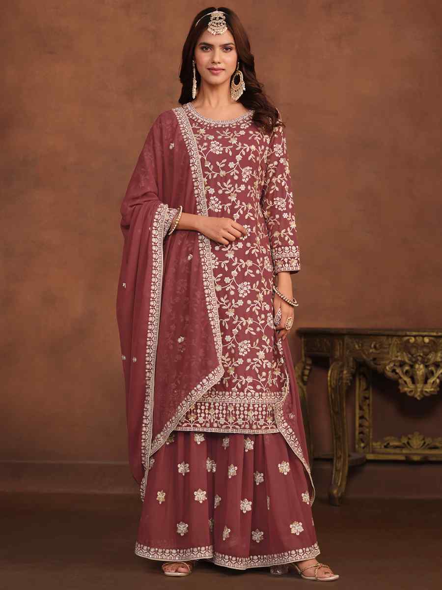 Dusty Pink Faux Georgette Embroidered Festival Wedding Sharara Pant Salwar Kameez