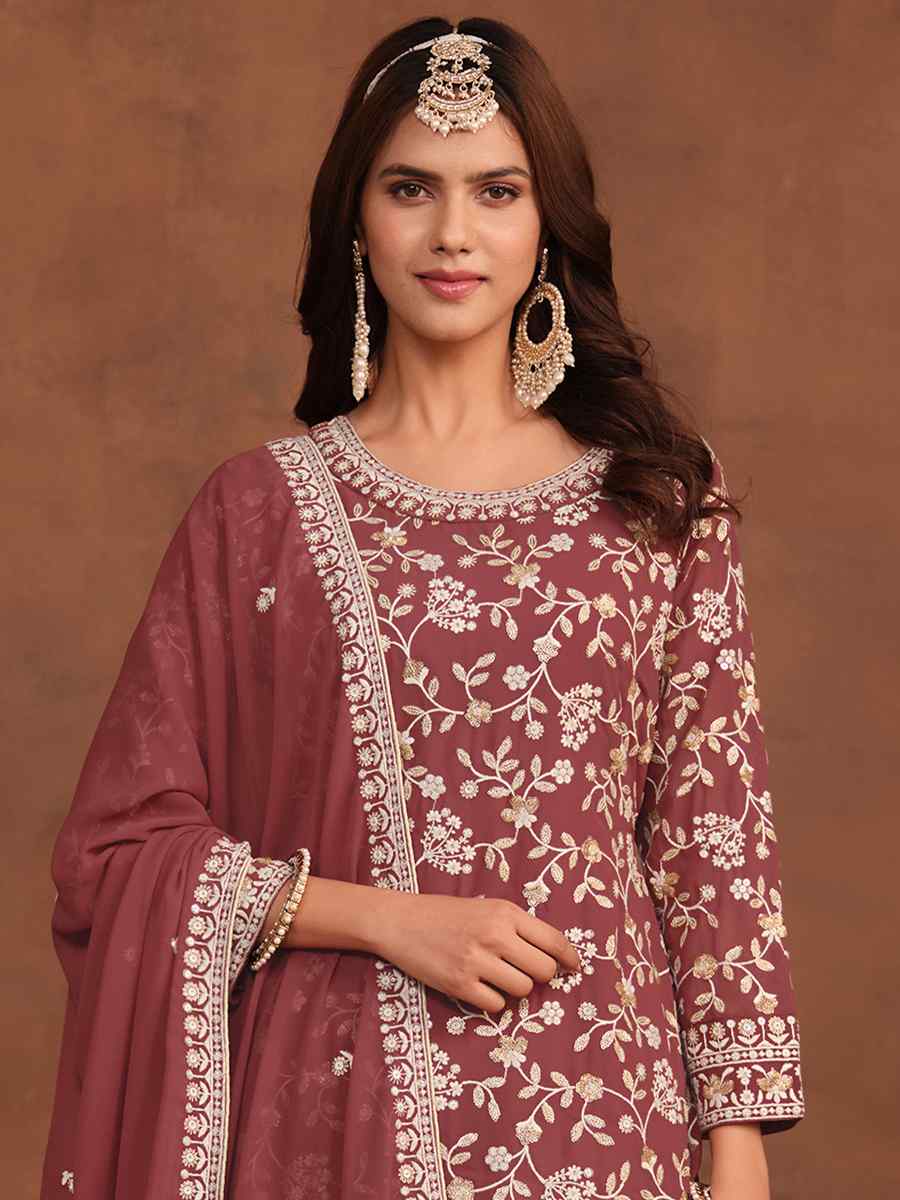 Dusty Pink Faux Georgette Embroidered Festival Wedding Sharara Pant Salwar Kameez