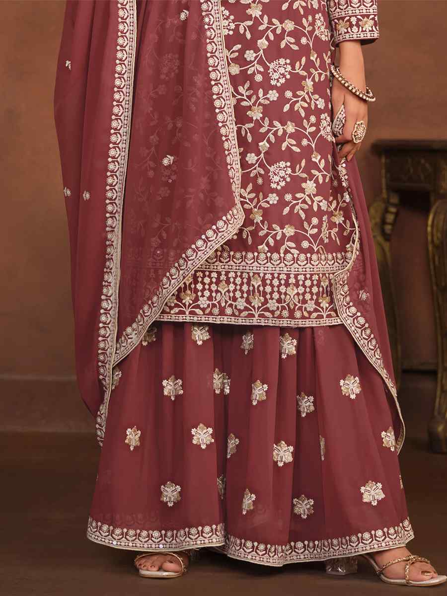 Dusty Pink Faux Georgette Embroidered Festival Wedding Sharara Pant Salwar Kameez
