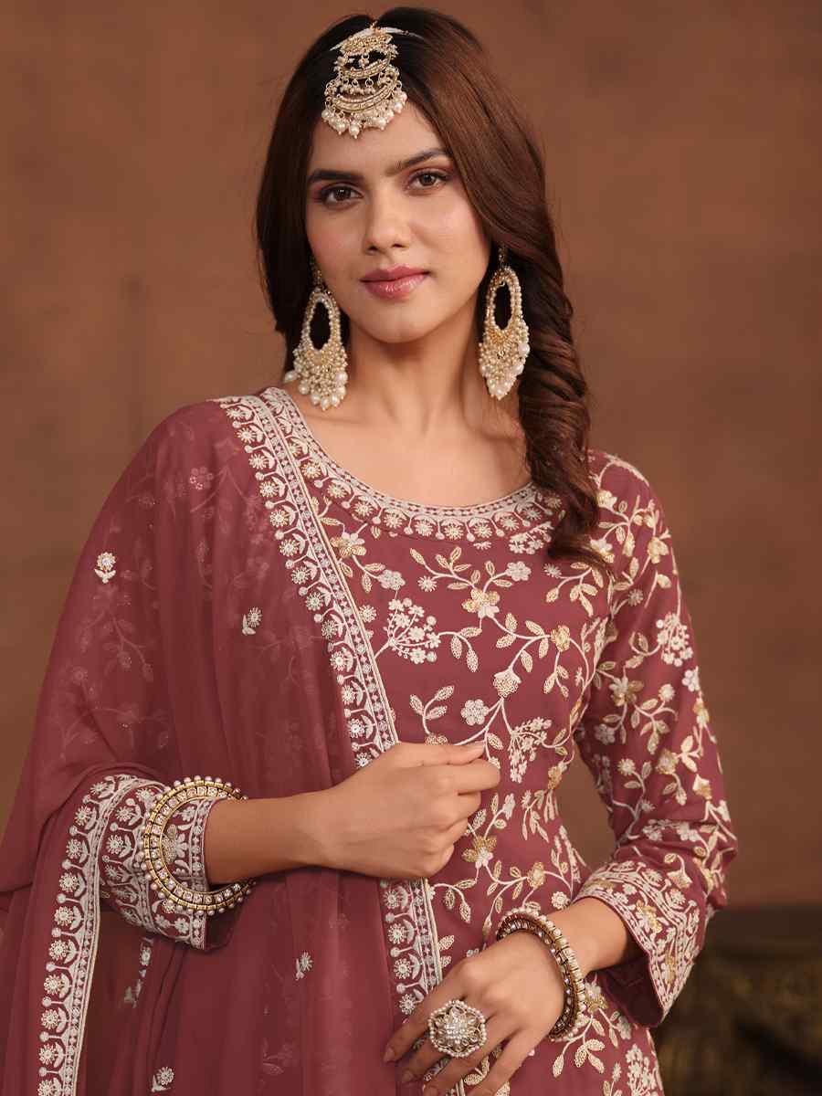 Dusty Pink Faux Georgette Embroidered Festival Wedding Sharara Pant Salwar Kameez