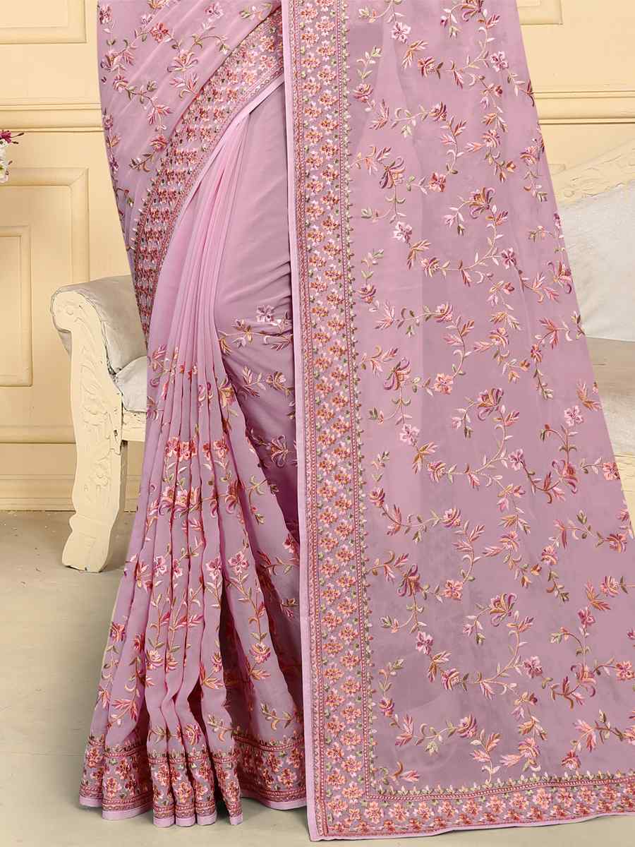 Dusty Pink Georgette Embroidered Bridesmaid Reception Heavy Border Saree