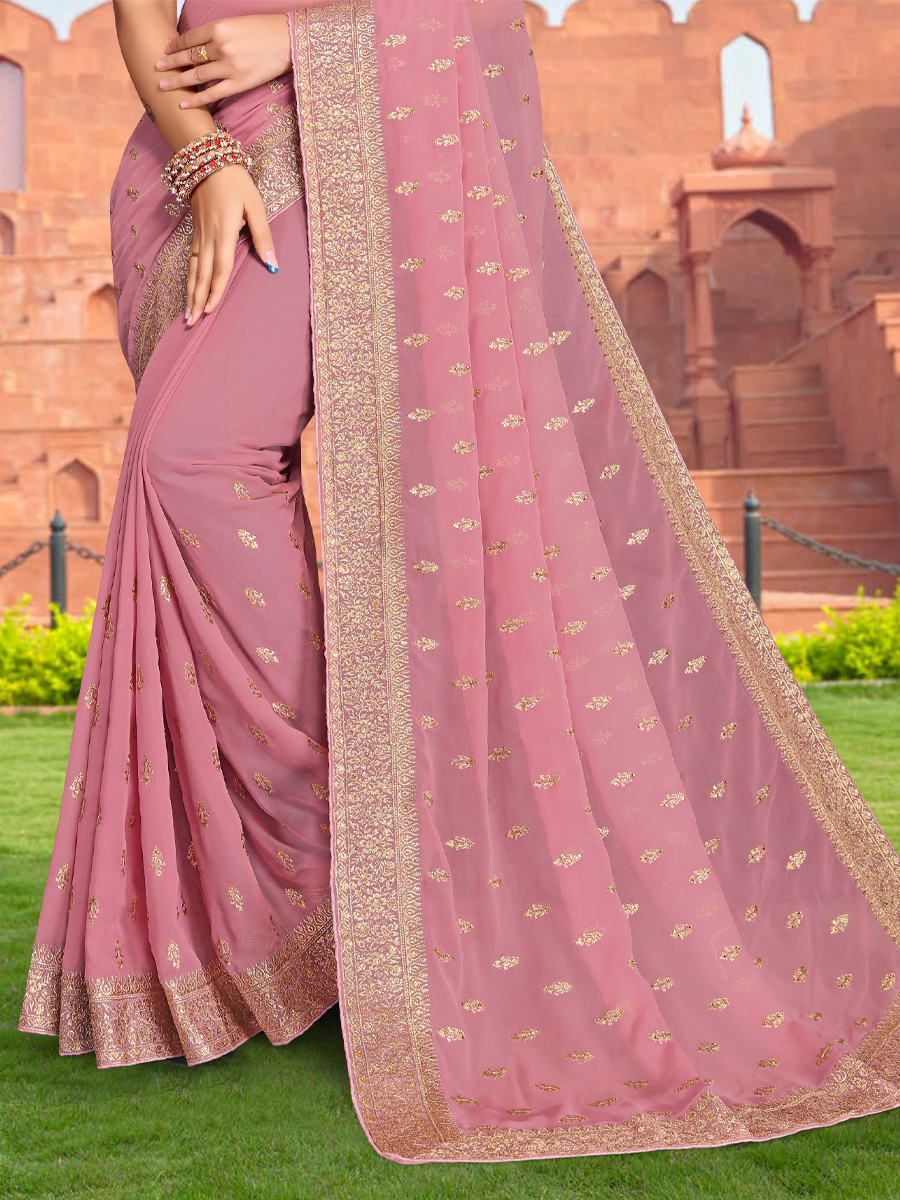 Dusty Pink Georgette Embroidered Reception Party Heavy Border Saree