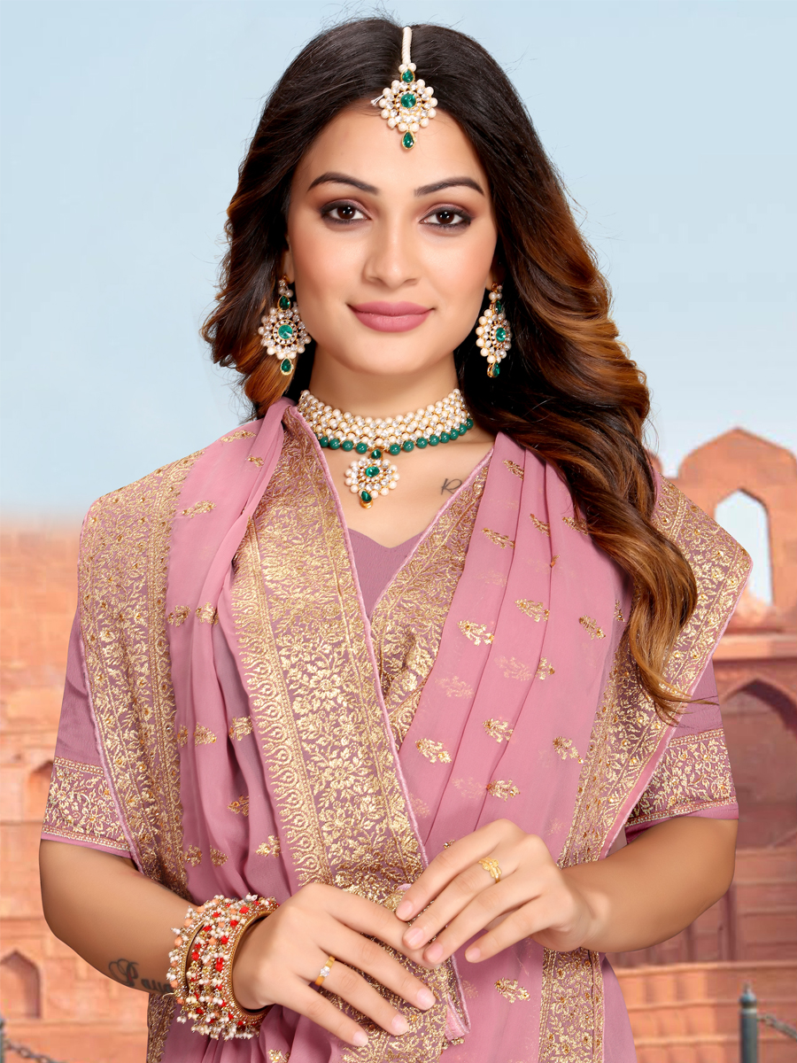 Dusty Pink Georgette Embroidered Reception Party Heavy Border Saree