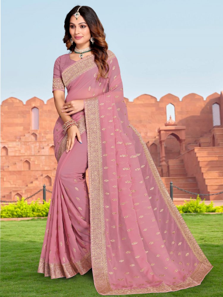 Dusty Pink Georgette Embroidered Reception Party Heavy Border Saree