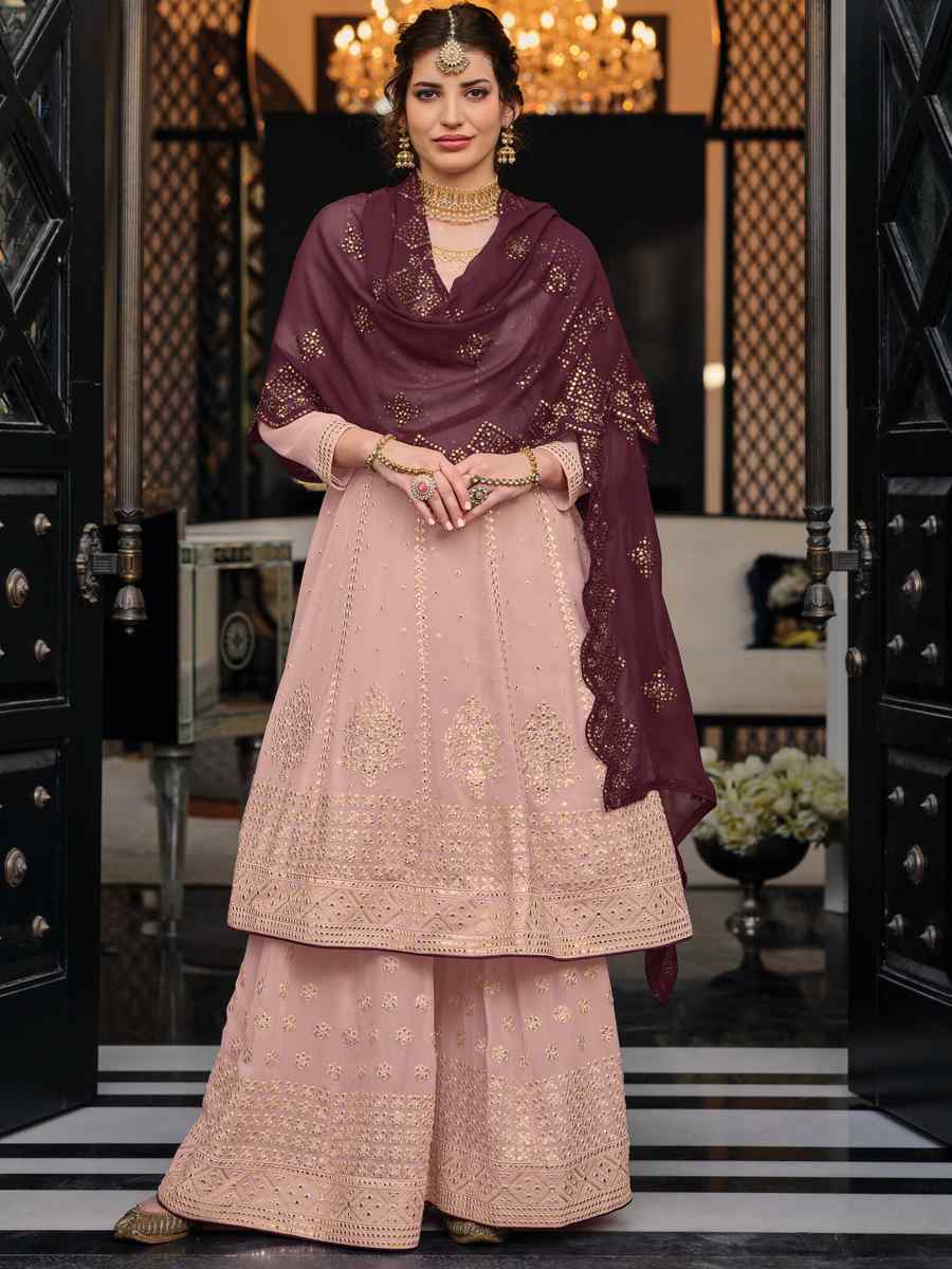 Dusty Pink Georgette Embroidered Wedding Engagement Palazzo Pant Salwar Kameez