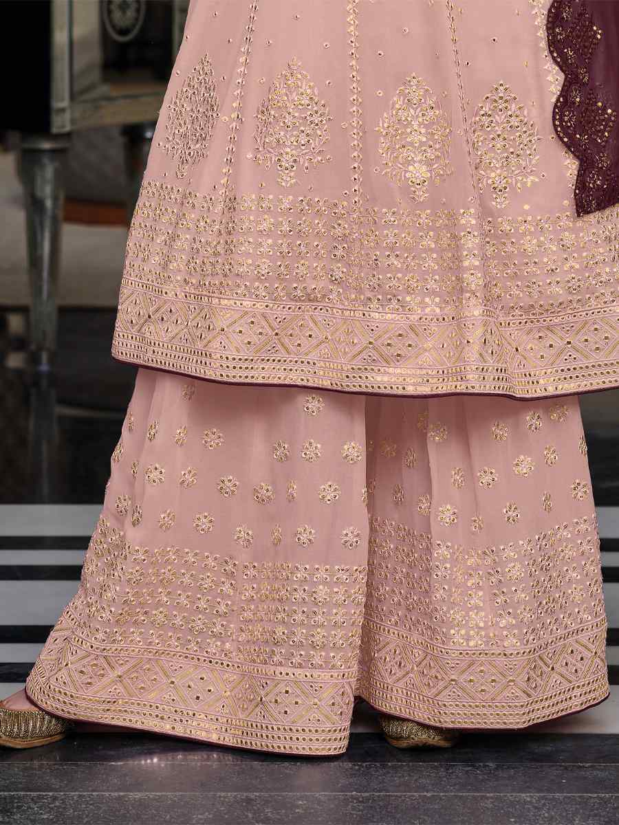 Dusty Pink Georgette Embroidered Wedding Engagement Palazzo Pant Salwar Kameez