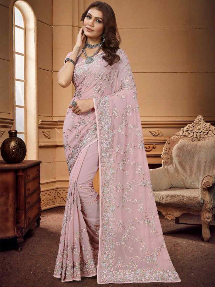 Dusty Pink Georgette Embroidered Wedding Festival Heavy Border Saree