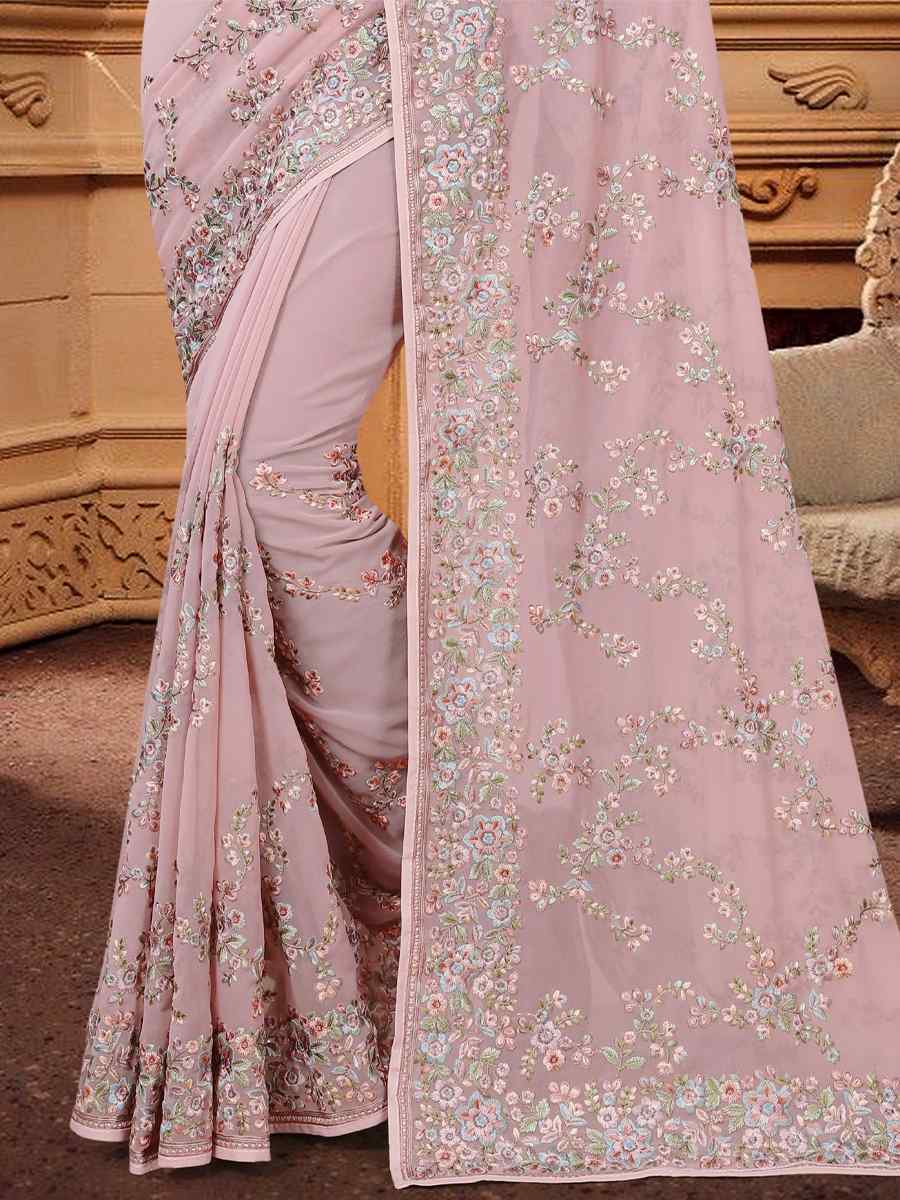 Dusty Pink Georgette Embroidered Wedding Festival Heavy Border Saree
