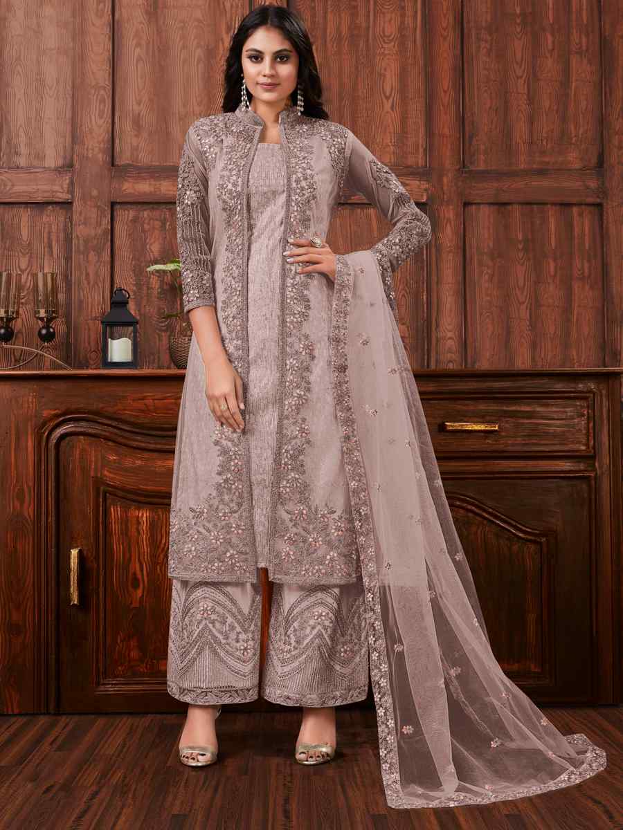 Dusty Pink Heavy Butterfly Net Embroidered Wedding Engagement Palazzo Pant Salwar Kameez