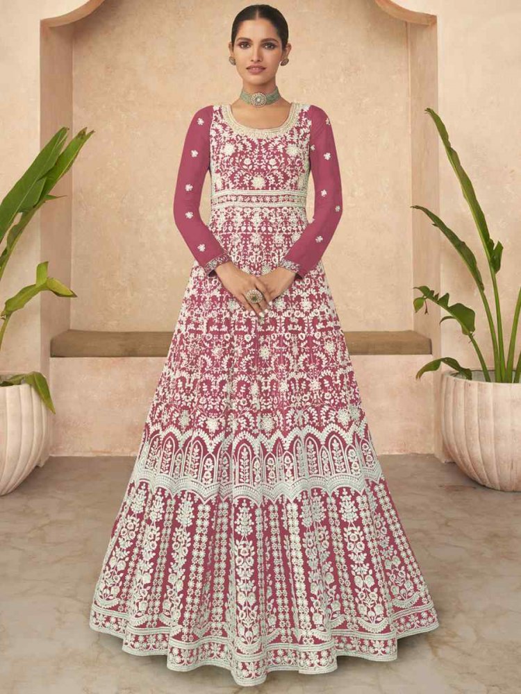 Dusty Pink Heavy Faux Georgette Embroidered Festival Wedding Anarkali Salwar Kameez