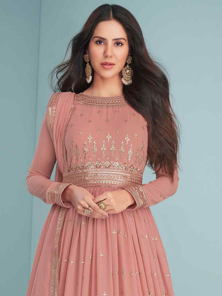 Dusty Pink Heavy Faux Georgette Embroidered Festival Wedding Anarkali Salwar Kameez