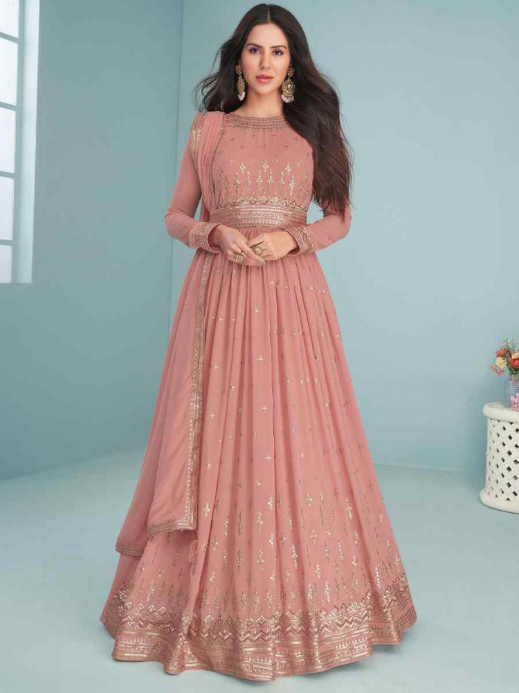 Dusty Pink Heavy Faux Georgette Embroidered Festival Wedding Anarkali Salwar Kameez