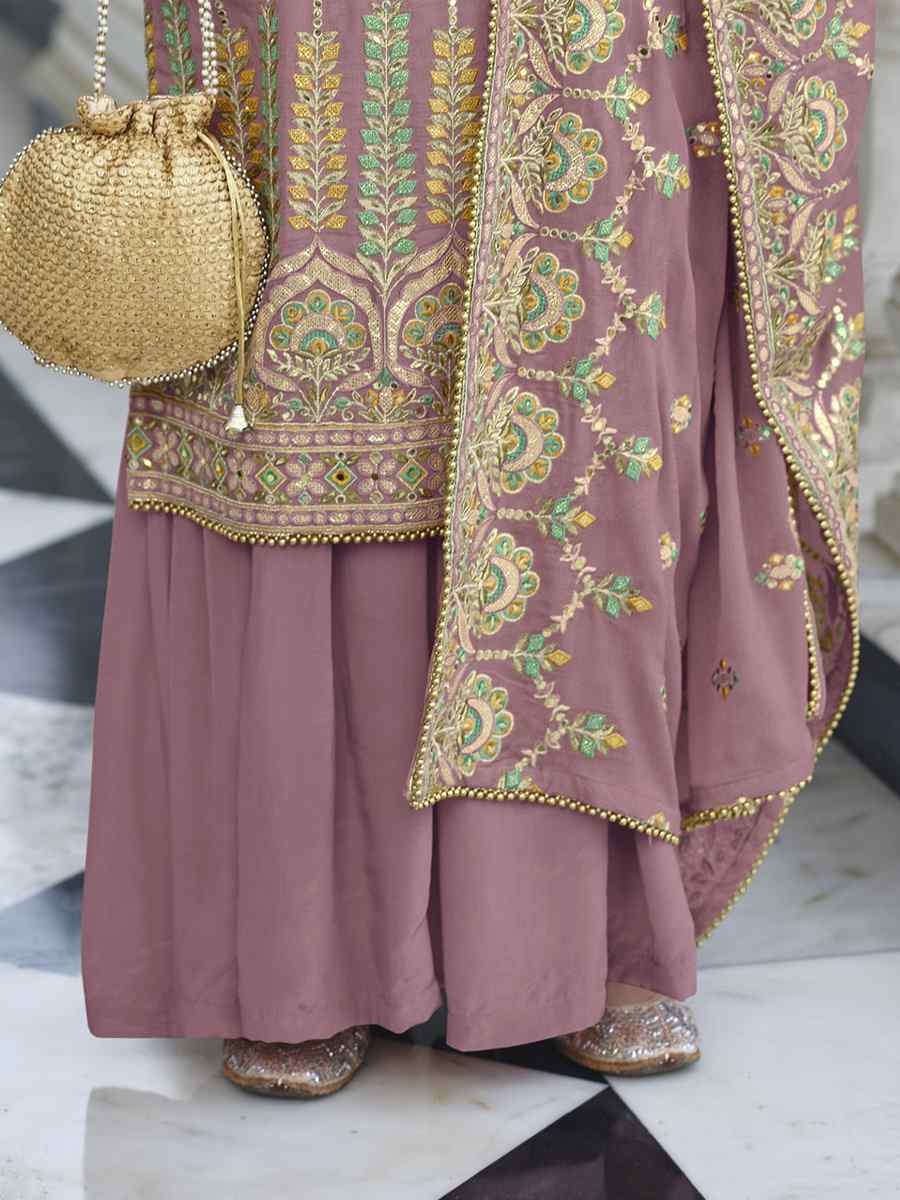 Dusty Pink Heavy Faux Georgette Embroidered Festival Wedding Palazzo Pant Salwar Kameez