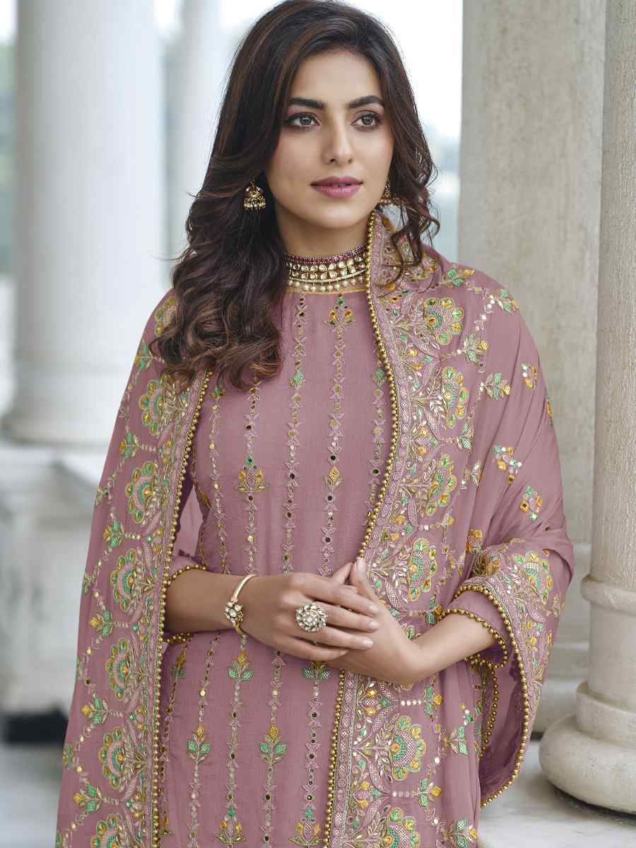 Dusty Pink Heavy Faux Georgette Embroidered Festival Wedding Palazzo Pant Salwar Kameez
