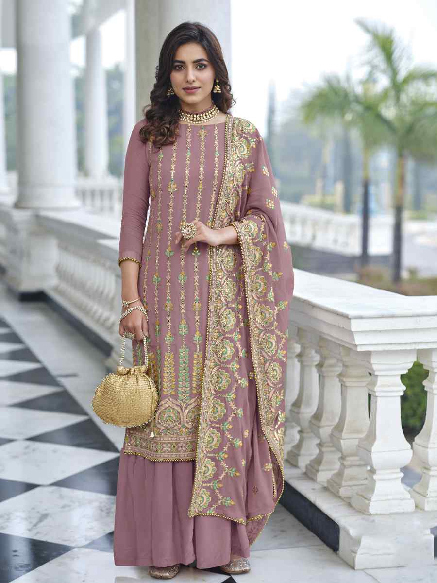 Dusty Pink Heavy Faux Georgette Embroidered Festival Wedding Palazzo Pant Salwar Kameez