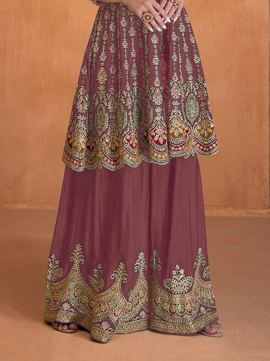 Dusty Pink Heavy Faux Georgette Embroidered Festival Wedding Sharara Pant Salwar Kameez