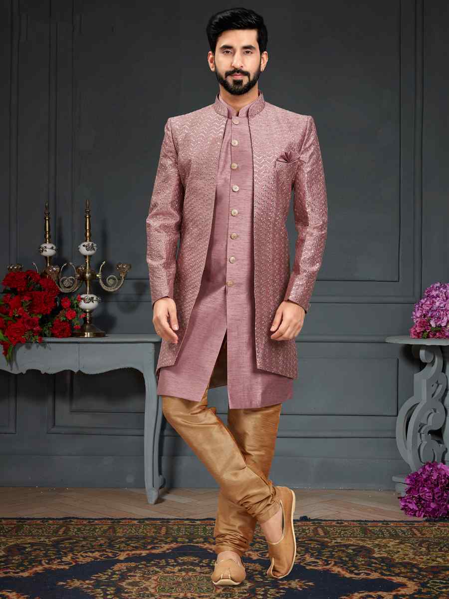 Dusty Pink Heavy Imported Silk Woven Groom Wedding Sherwani