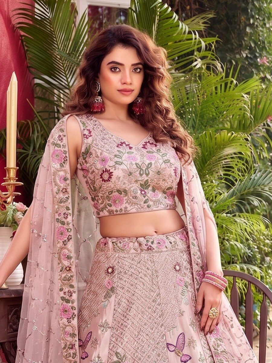 Dusty Pink Japan Satin Silk Embroidery Sequins Wedding Reception Party Festival Heavy Border Lehenga Choli