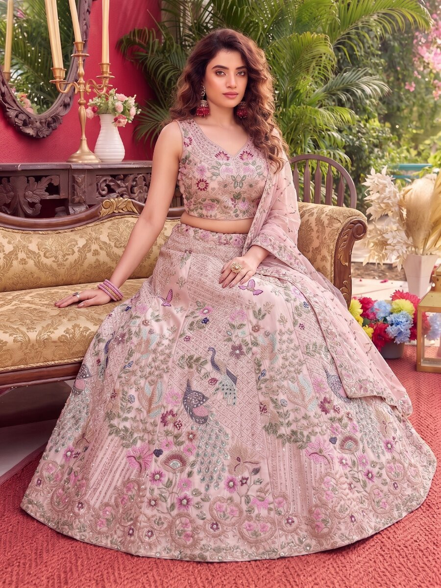 Dusty Pink Japan Satin Silk Embroidery Sequins Wedding Reception Party Festival Heavy Border Lehenga Choli