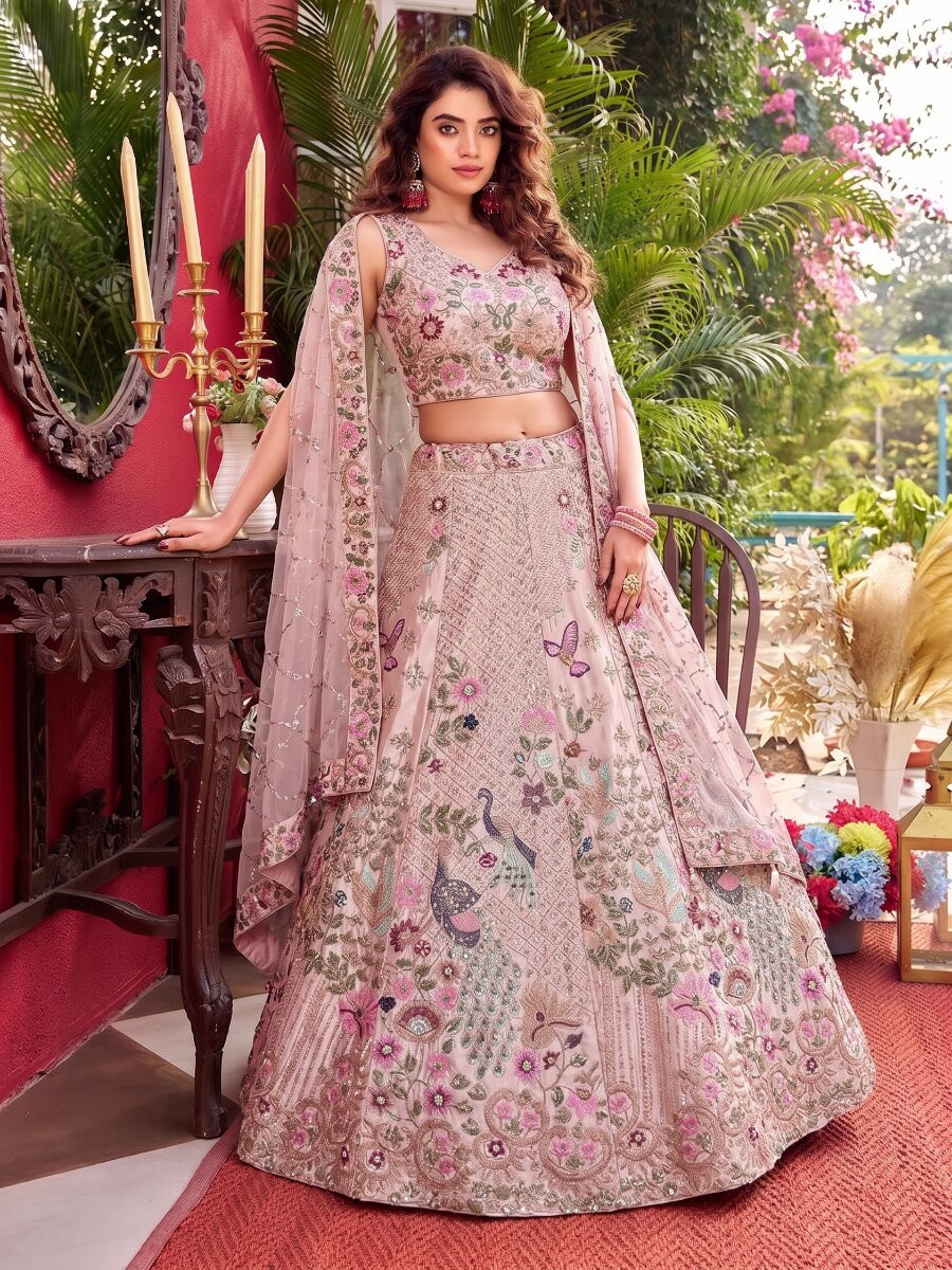Dusty Pink Japan Satin Silk Embroidery Sequins Wedding Reception Party Festival Heavy Border Lehenga Choli
