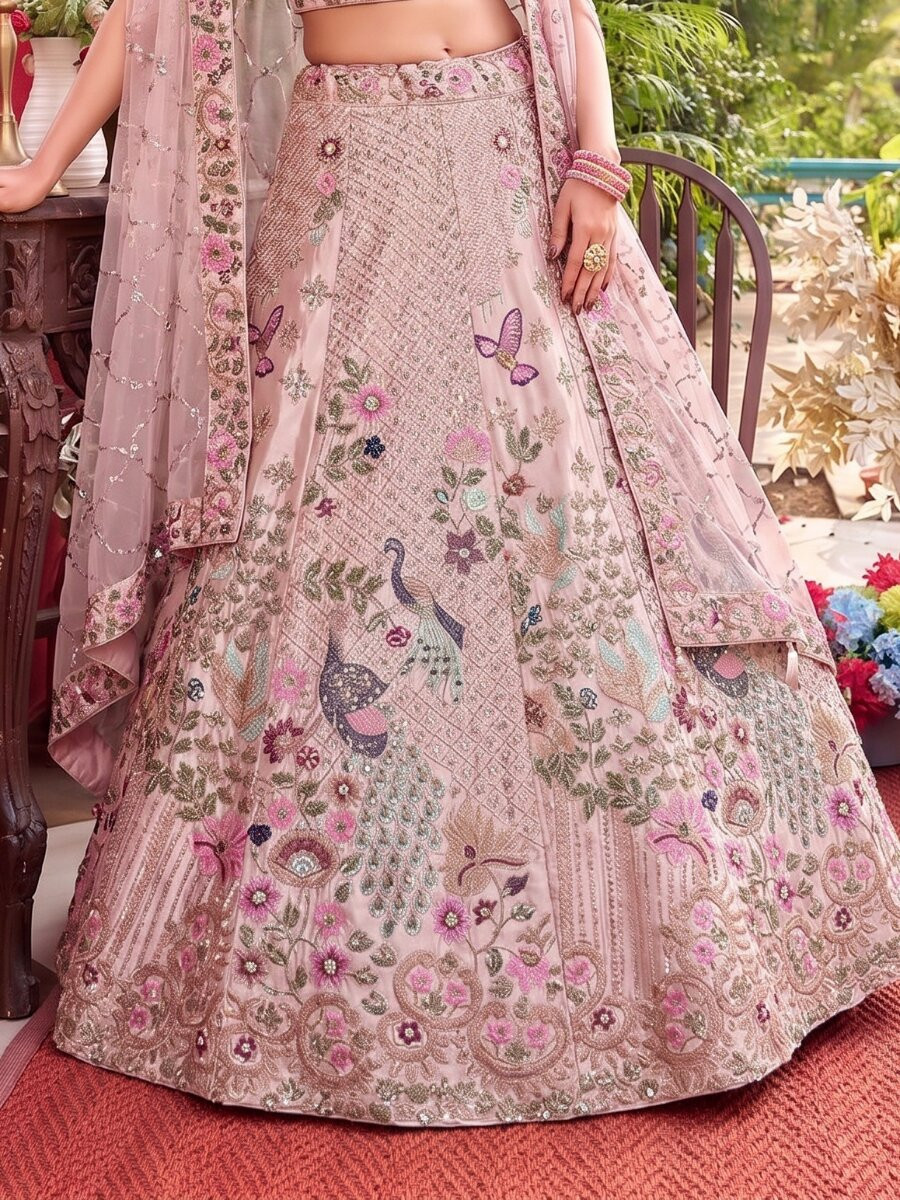 Dusty Pink Japan Satin Silk Embroidery Sequins Wedding Reception Party Festival Heavy Border Lehenga Choli