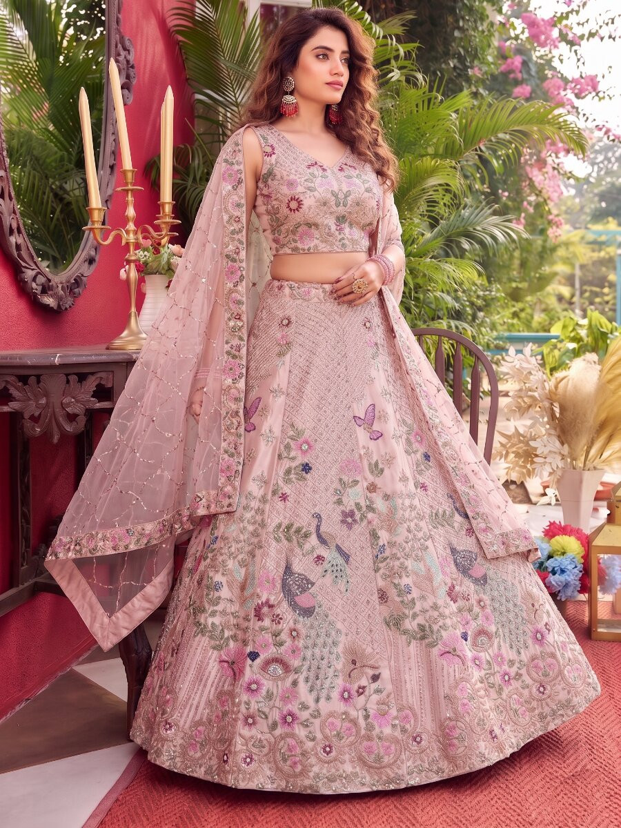 Dusty Pink Japan Satin Silk Embroidery Sequins Wedding Reception Party Festival Heavy Border Lehenga Choli