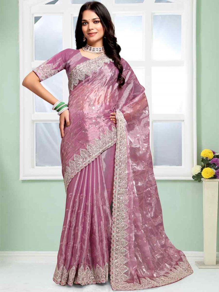 Dusty Pink Jimmy Choo Silk Embroidery Party Reception Heavy Border Saree