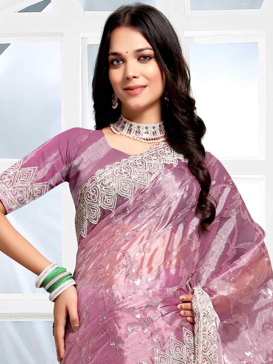 Dusty Pink Jimmy Choo Silk Embroidery Party Reception Heavy Border Saree