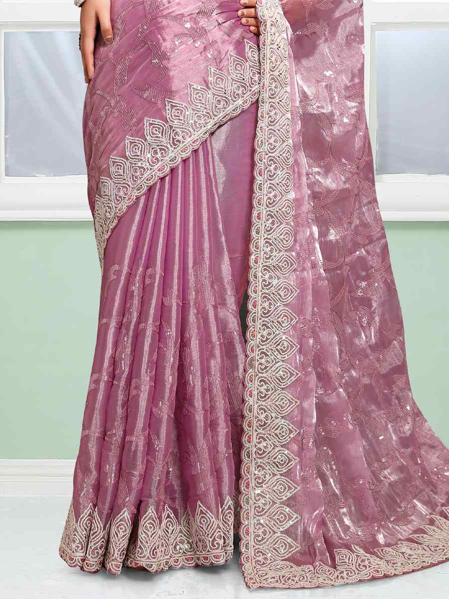 Dusty Pink Jimmy Choo Silk Embroidery Party Reception Heavy Border Saree
