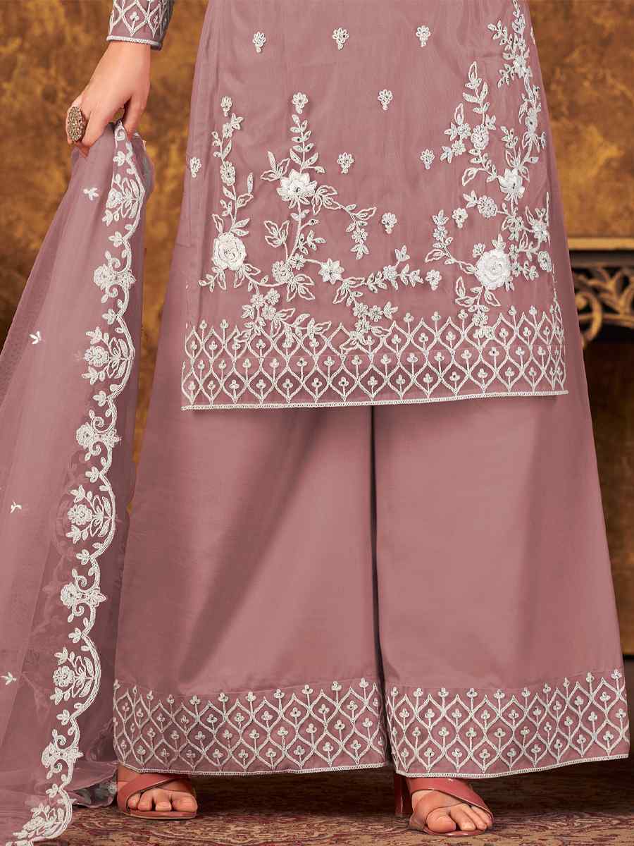 Dusty Pink Net Embroidered Festival Palazzo Pant Salwar Kameez