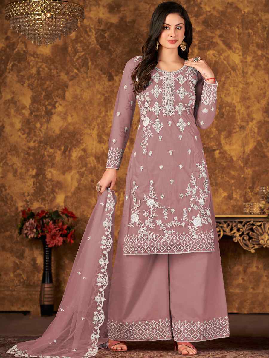 Dusty Pink Net Embroidered Festival Palazzo Pant Salwar Kameez