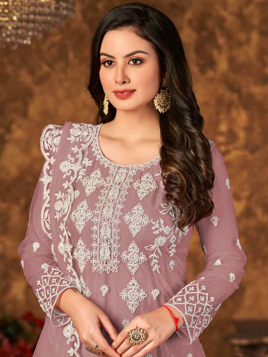 Dusty Pink Net Embroidered Festival Palazzo Pant Salwar Kameez