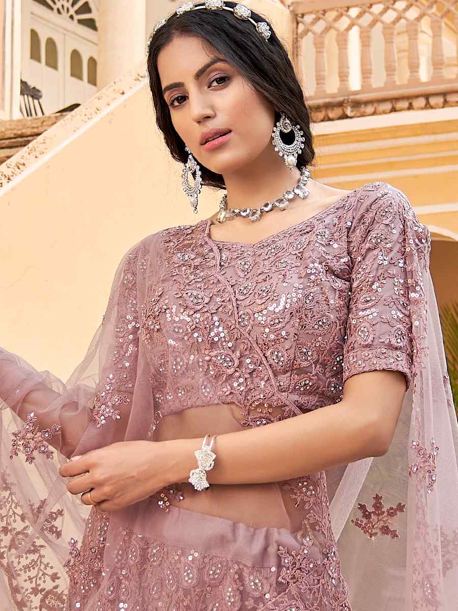 Dusty Pink Net Embroidered Festival Party Wear Circular Lehenga Choli