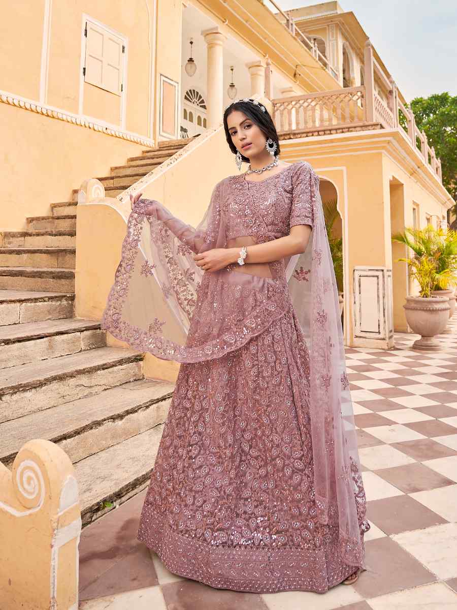 Dusty Pink Net Embroidered Festival Party Wear Circular Lehenga Choli