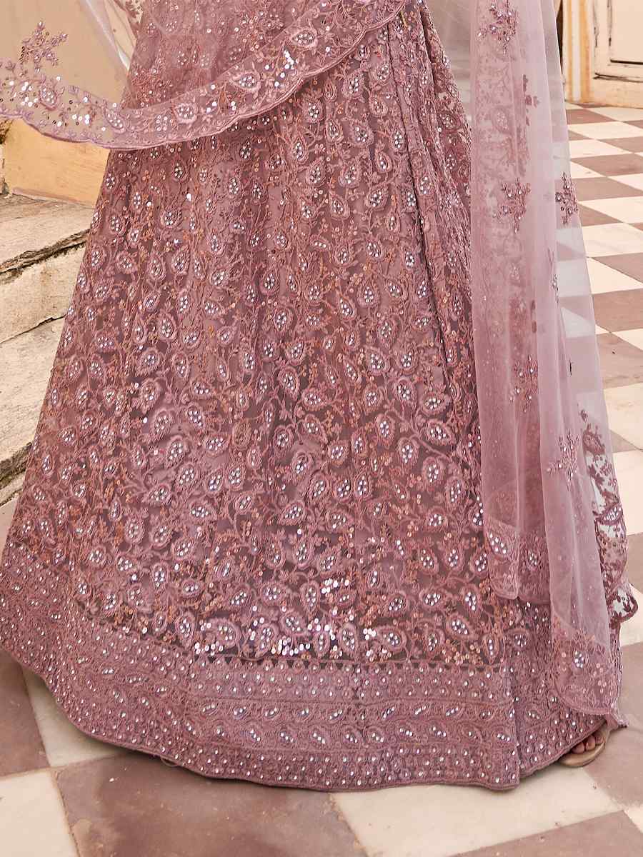 Dusty Pink Net Embroidered Festival Party Wear Circular Lehenga Choli