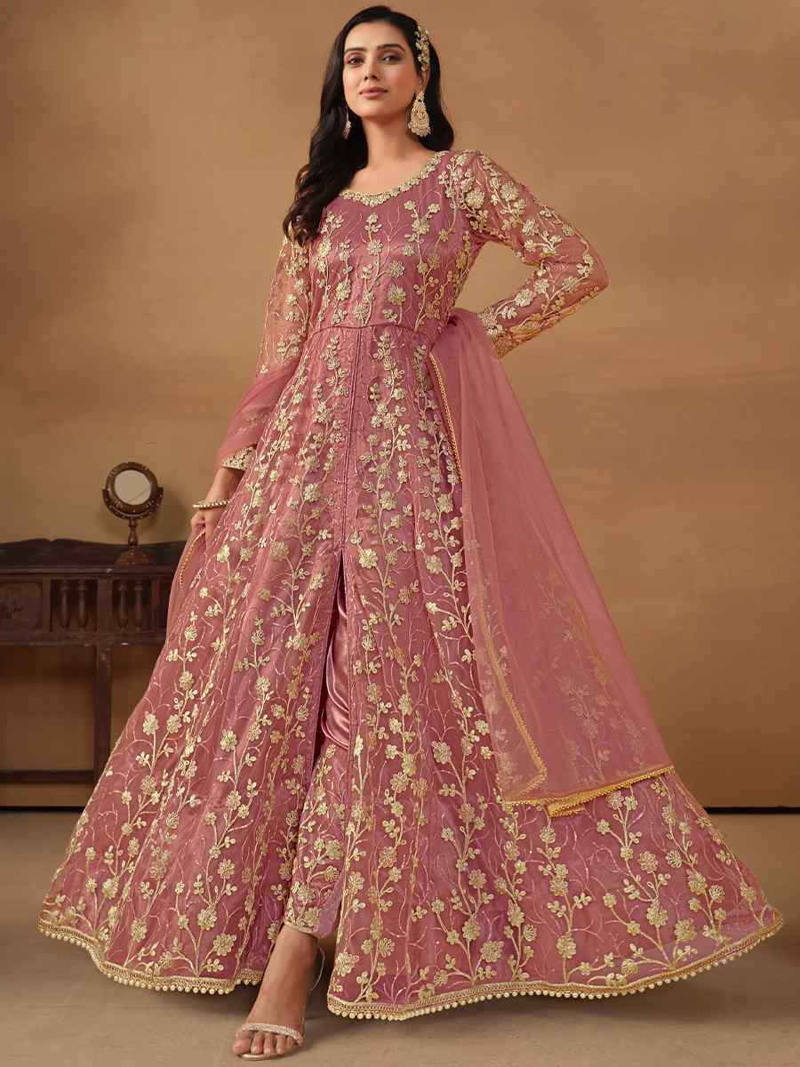 Dusty Pink Net Embroidered Festival Wedding Anarkali Salwar Kameez