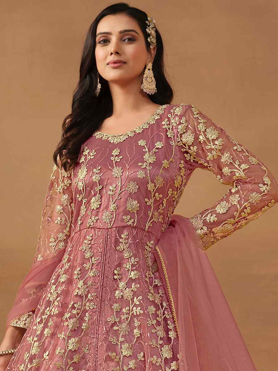 Dusty Pink Net Embroidered Festival Wedding Anarkali Salwar Kameez